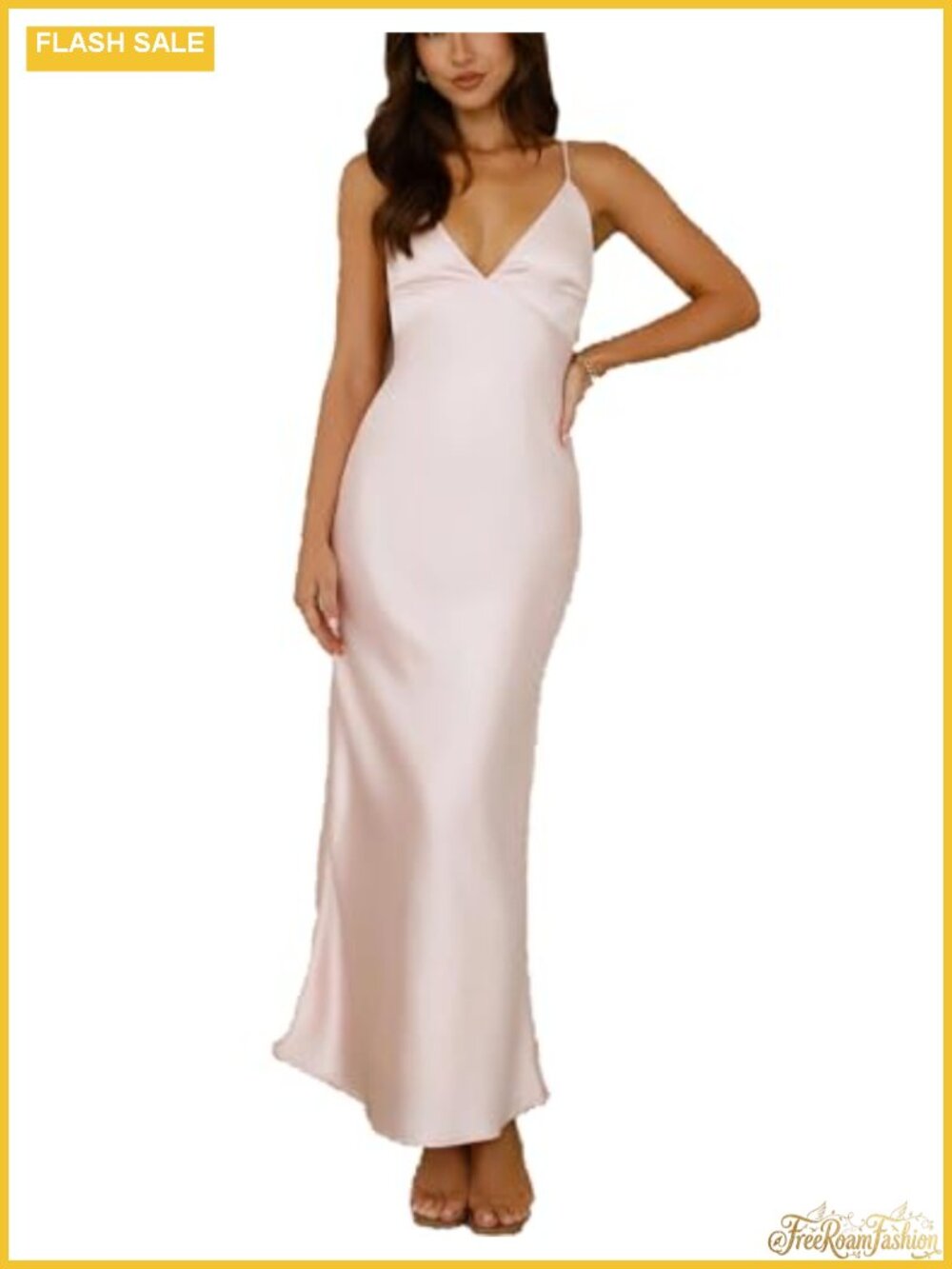 Satin Spaghetti Strap V-Neck Backless Midi Dress Wedding Guest Elegant Tie Back